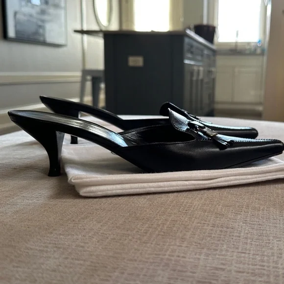 Prada Black Leather Pointed Toe Mules with Silver Hardware - Picture 3 of 4